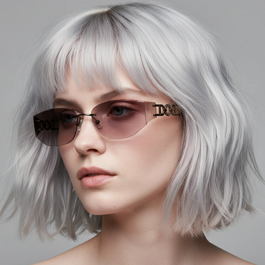 Silver-haired model wearing BAPORSSA silver-to-purple gradient DO rimless sunglasses, cyber cool vibe