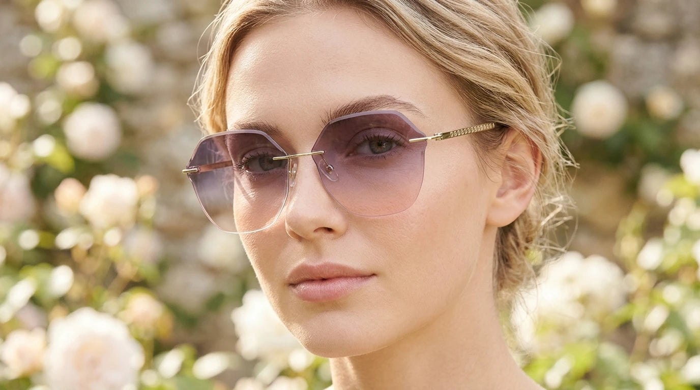 A blonde woman wearing BAPORSSA hexagonal rimless sunglasses with purple gradient lenses in a garden with white roses