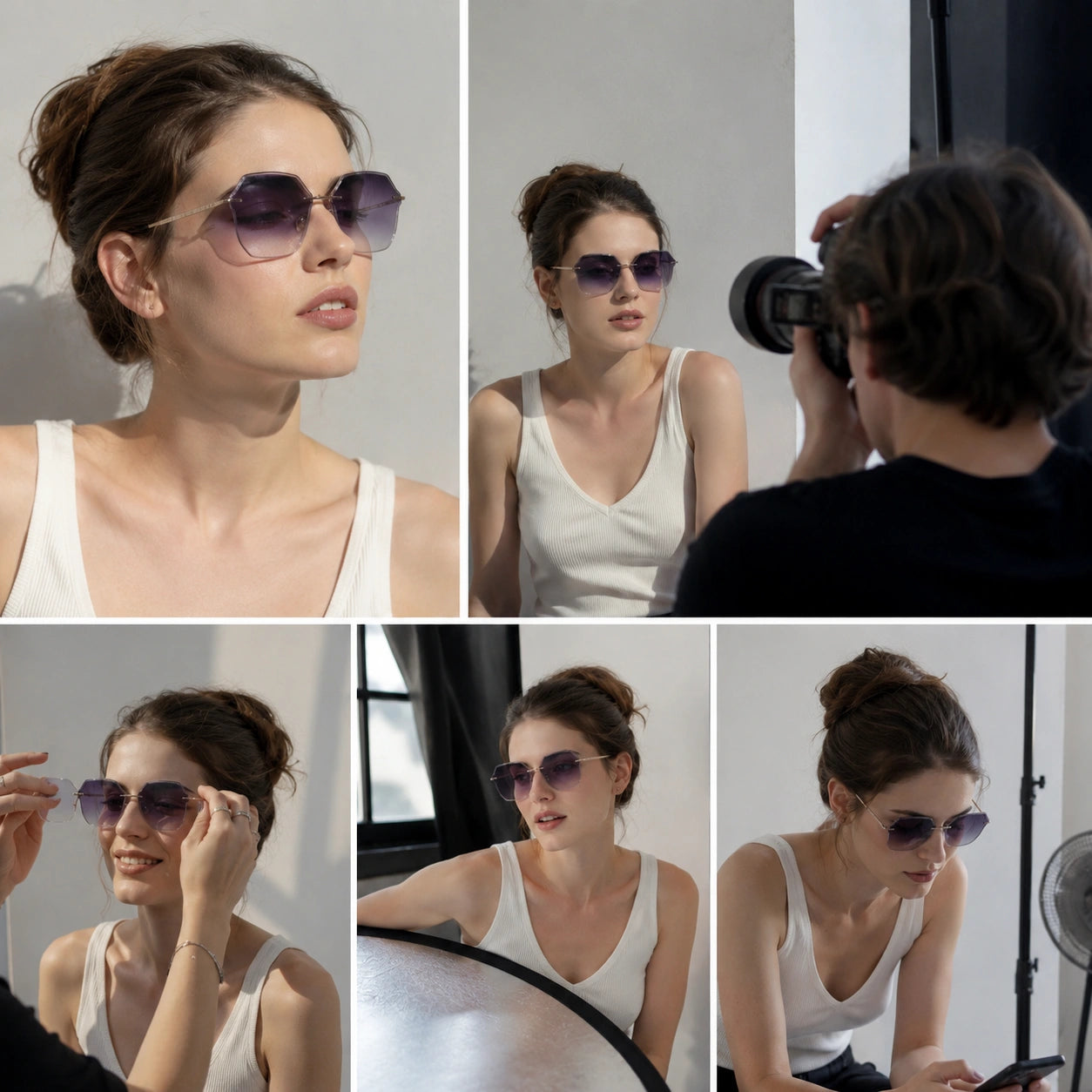 Behind-the-scenes collage of a female model wearing BAPORSSA Air rimless sunglasses with purple gradient lenses in a bright studio setting