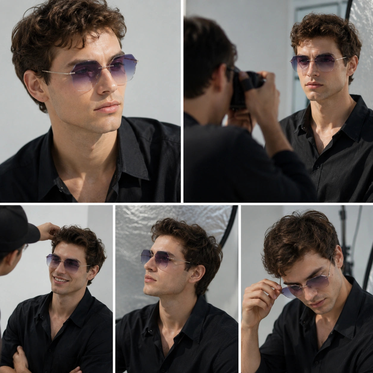 Behind-the-scenes collage of a male model wearing BAPORSSA Air rimless sunglasses with purple gradient lenses in a studio shoot