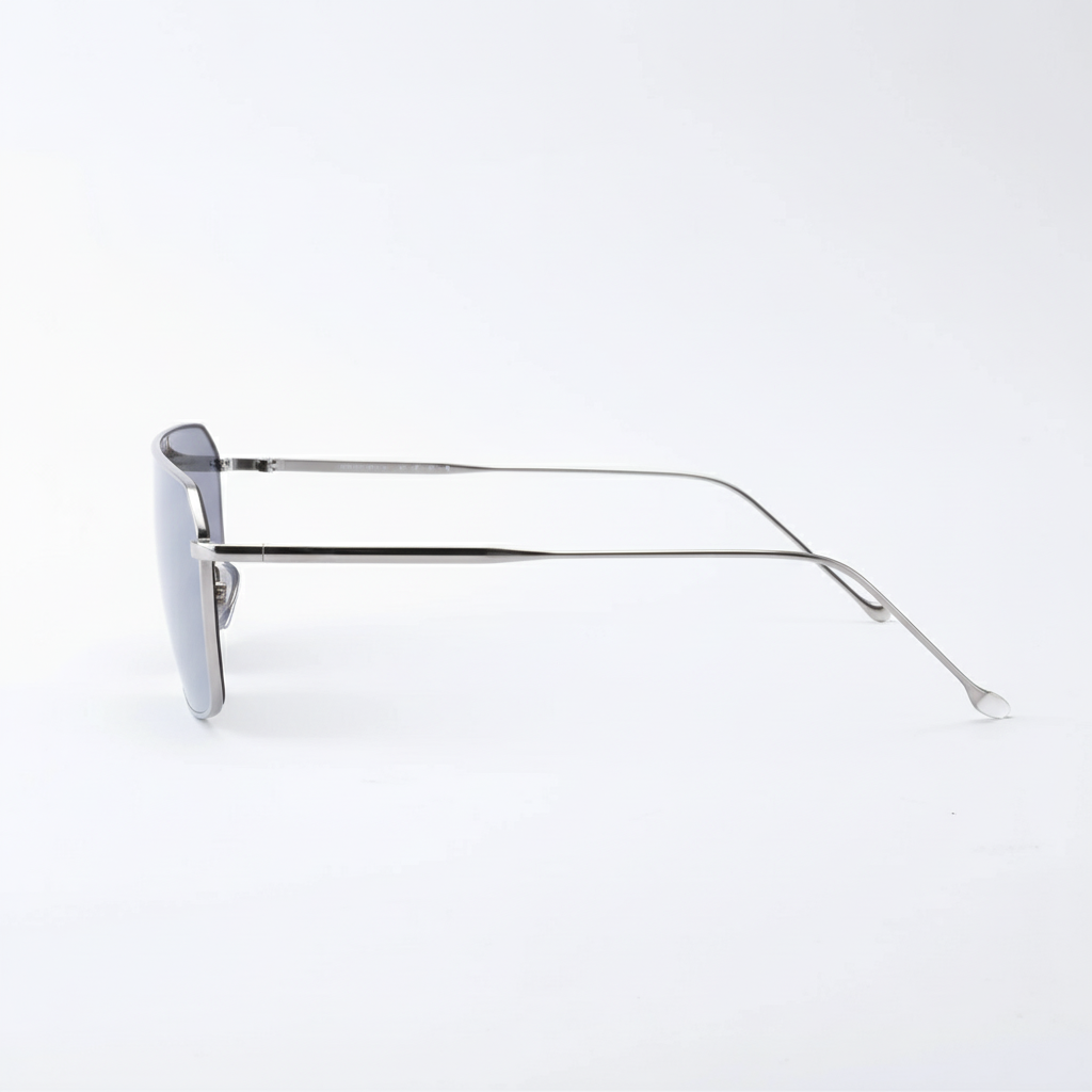 45-degree view of BAPORSSA silver one-piece blue lens sunglasses, lightweight futuristic design