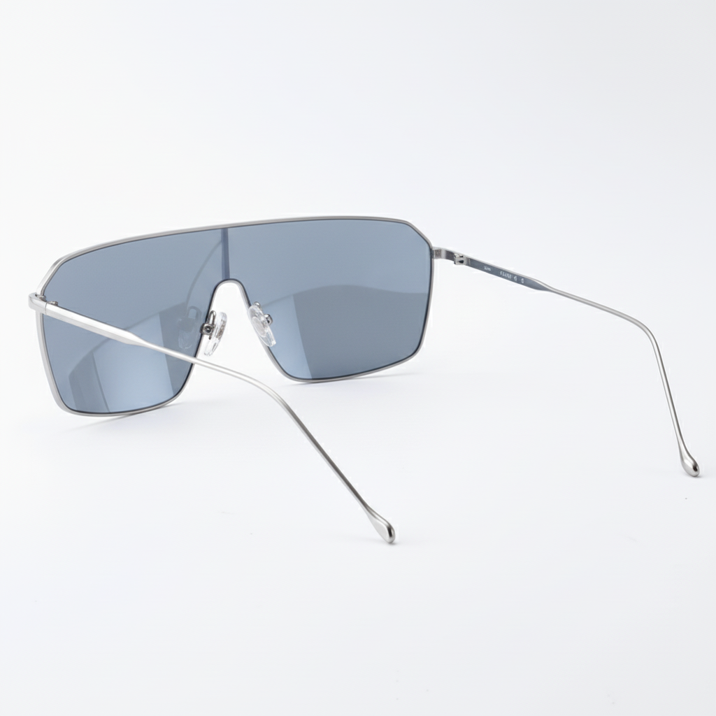 oversized blue mirror shield sunglasses side profile, one-piece lens metallic finish