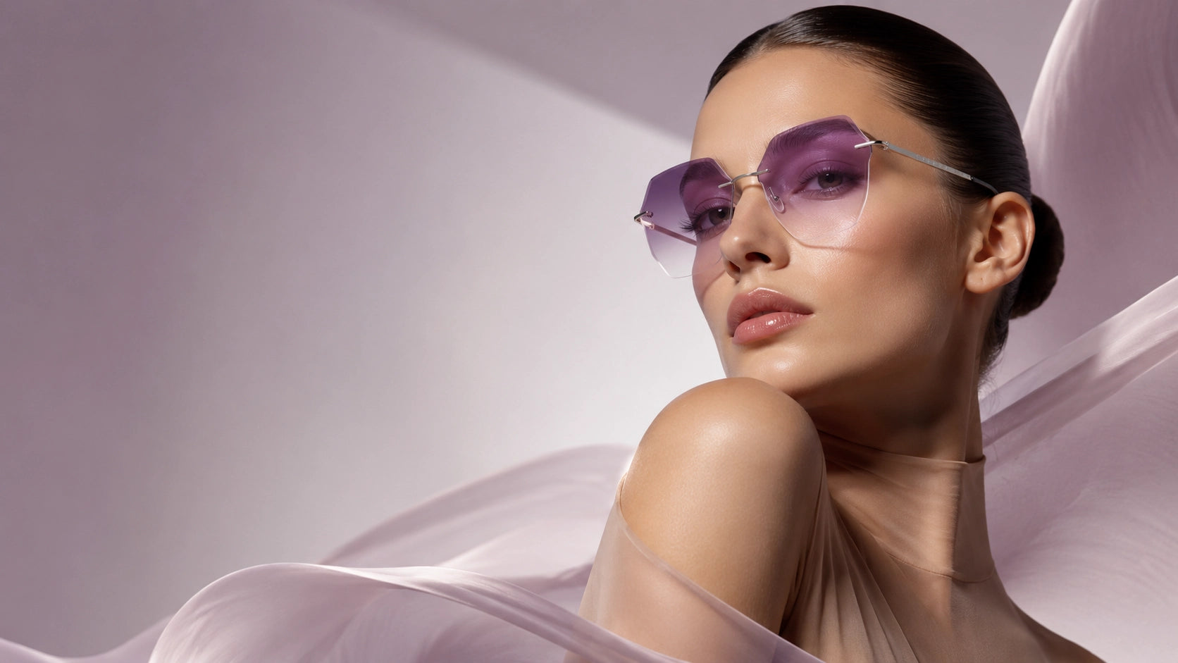 BAPORSSA purple gradient rimless sunglasses editorial banner