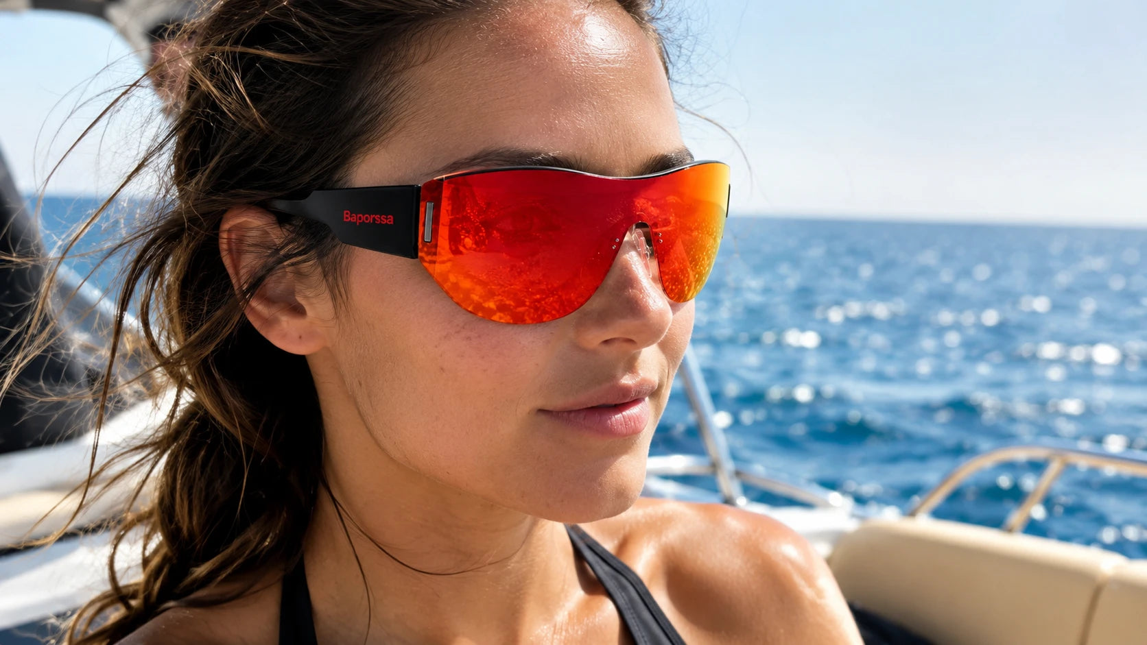 BAPORSSA Red Orange Shield Sunglasses on Female Boat Model