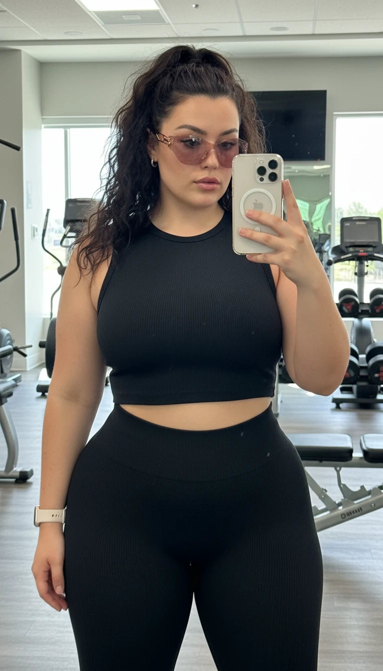 Woman taking a mirror selfie in a gym wearing black athletic wear.