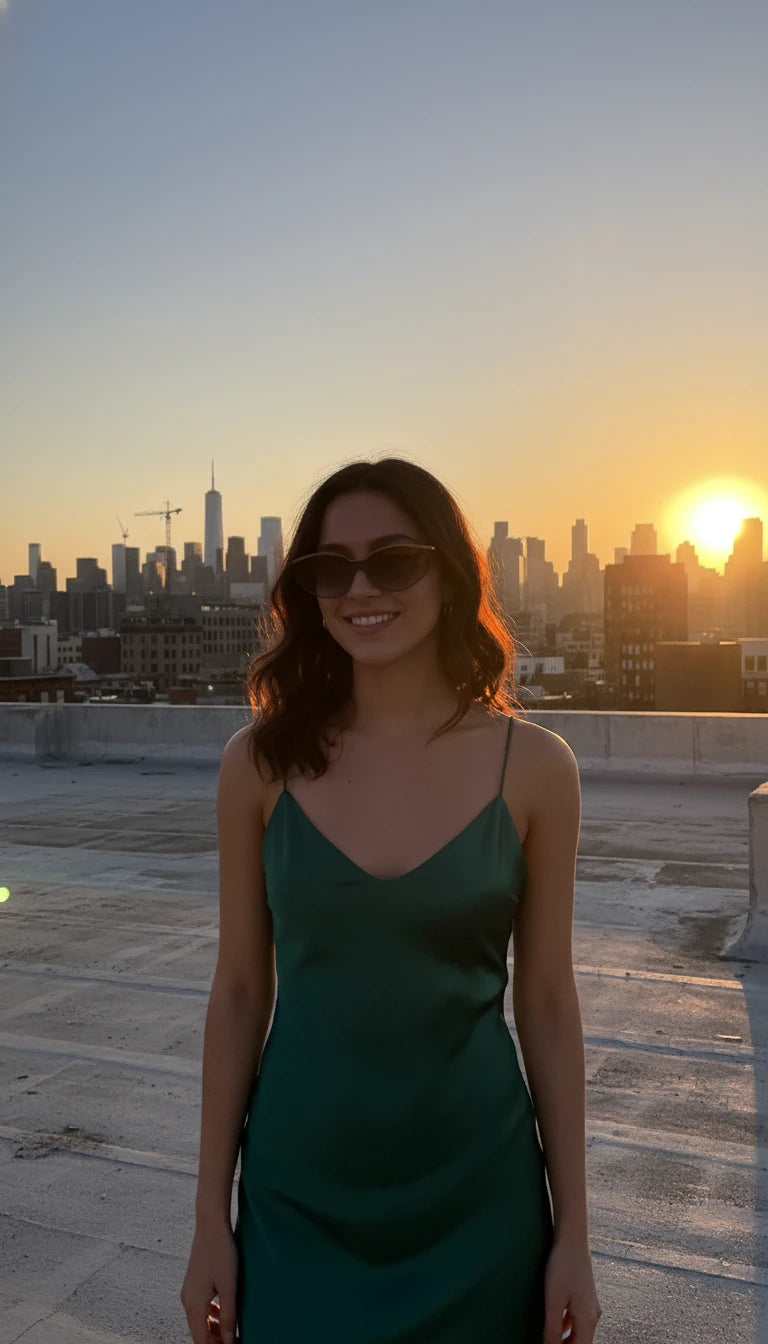 Woman in a green dress standing on a rooftop with a city skyline and sunset in the background
