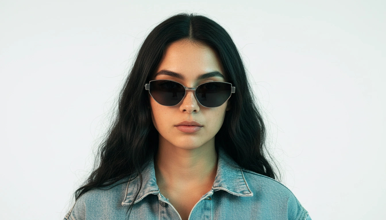 Woman wearing sunglasses with a plain background