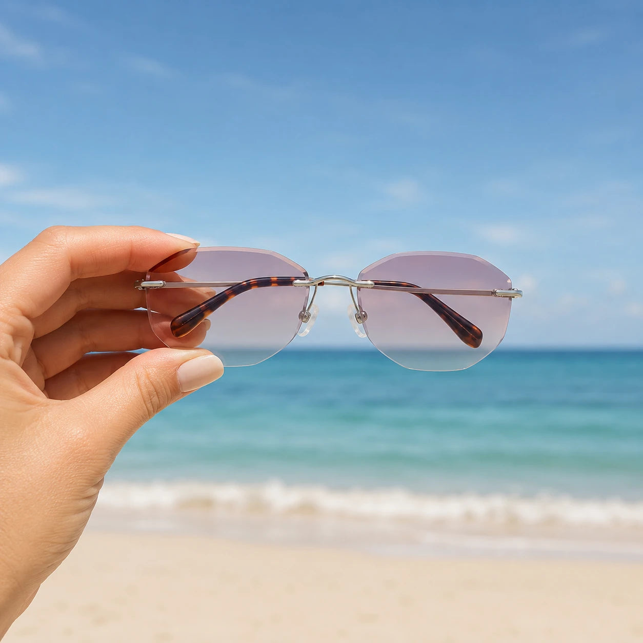 BAPORSSA BackBone Rimless Sunglasses Beach Handheld View