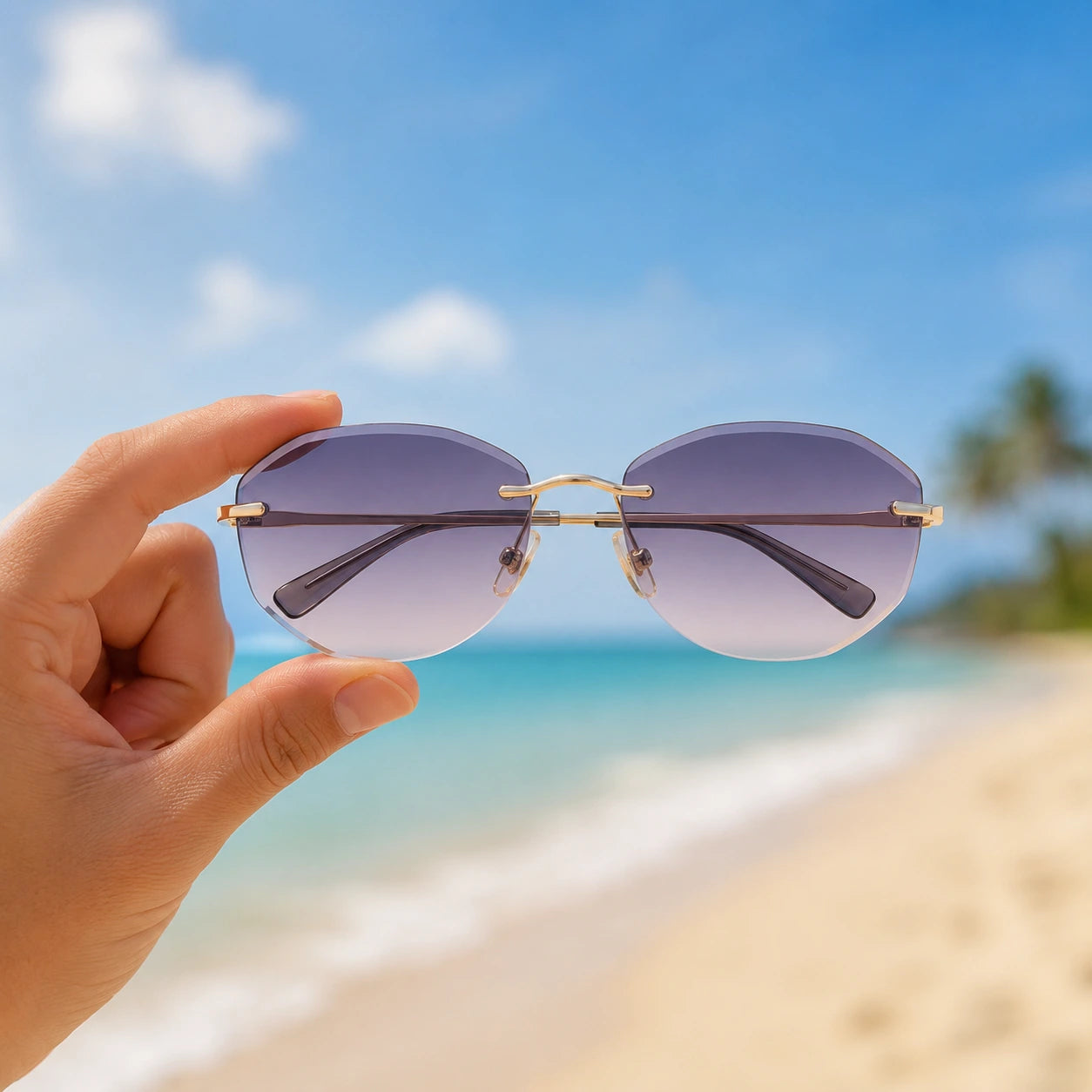 Hand holding Backbone rimless sunglasses with purple gradient lenses against a sunny beach background
