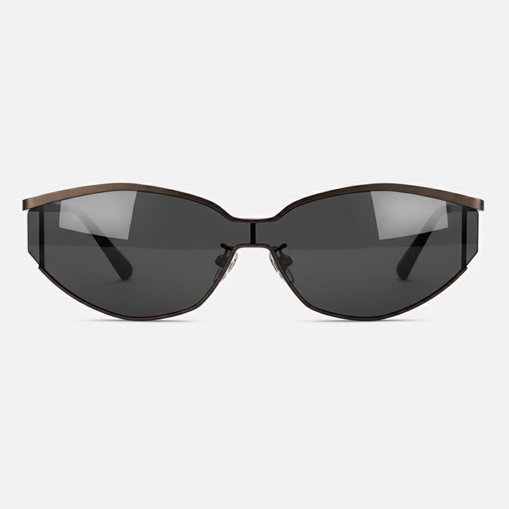 Metallic gunmetal black half-rim cat-eye sunglasses side view floating product photography