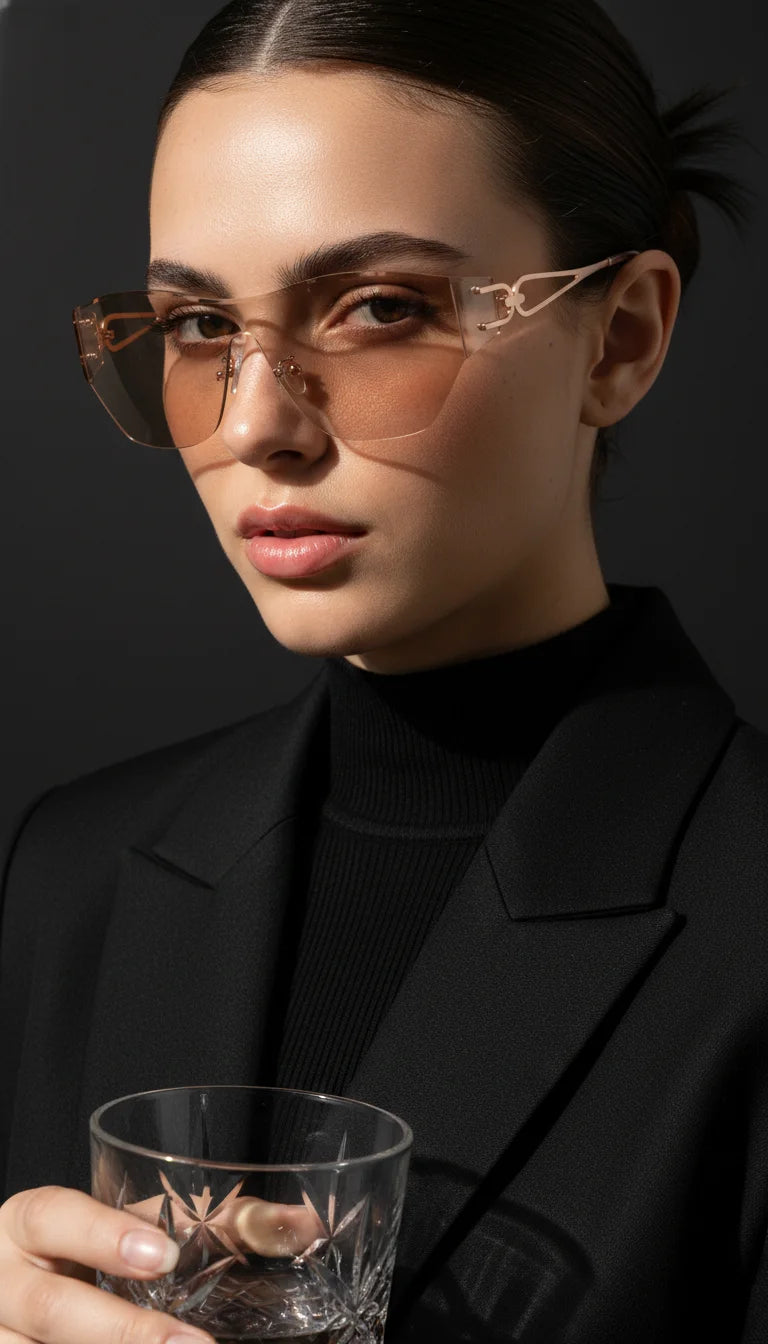 Woman wearing gold sunglasses and holding a glass against a dark background