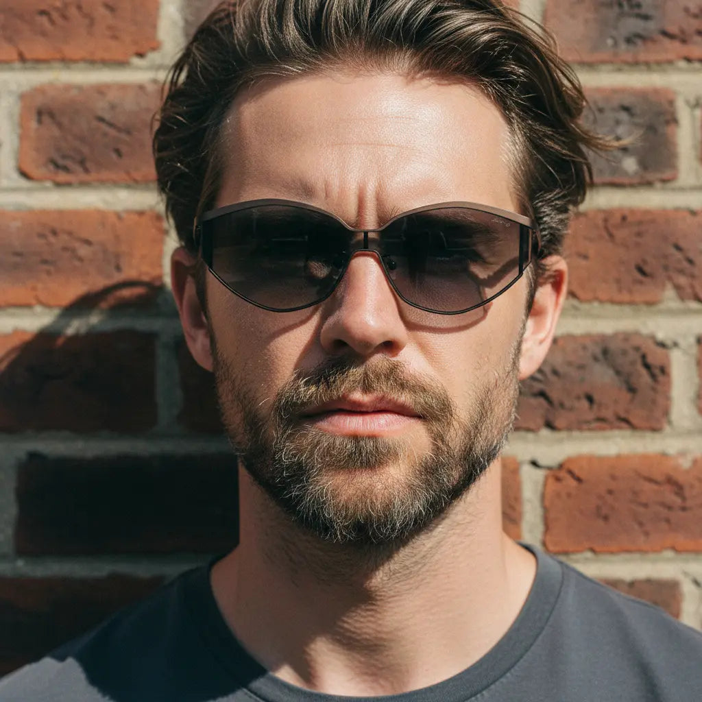 Bearded handsome man in grey t-shirt and black geometric cat-eye sunglasses staring at camera, brick wall street style