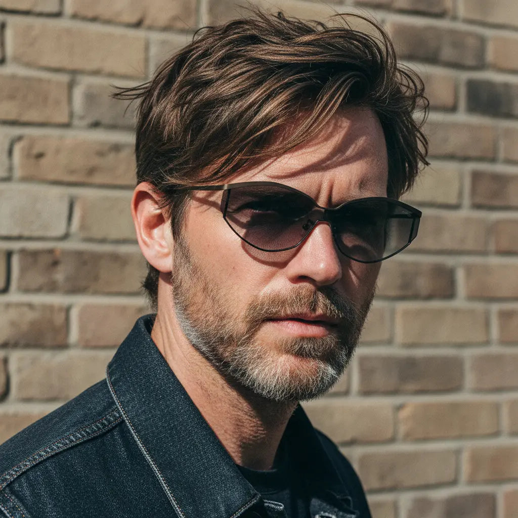 Bearded man in dark denim jacket wearing metallic cat-eye sunglasses side profile, brick wall aesthetic portrait