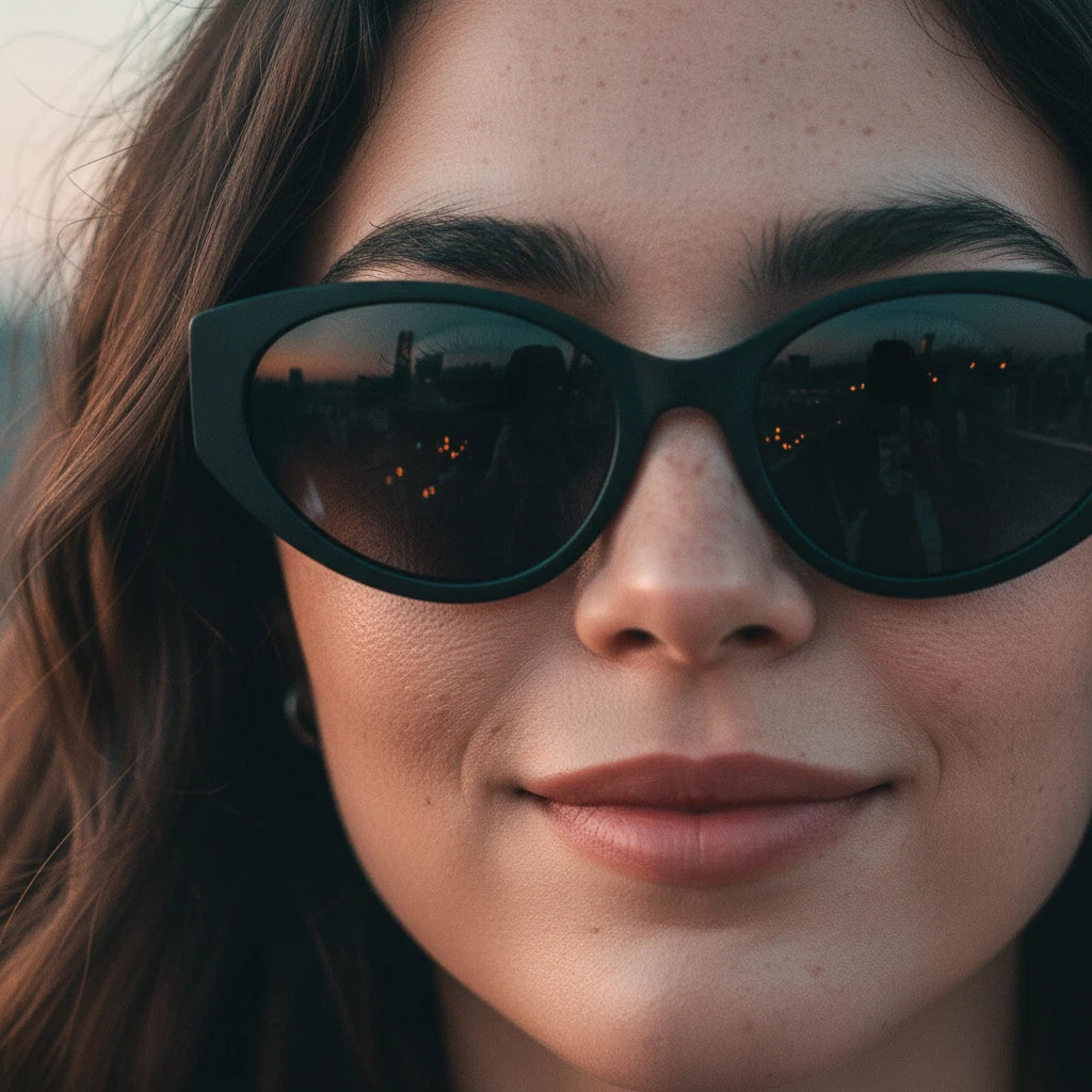 Close-up of a person wearing dark sunglasses with a blurred background
