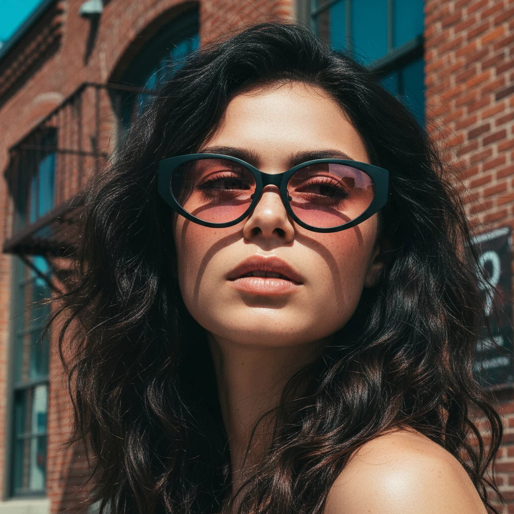 Woman wearing large black sunglasses with a brick building in the background
