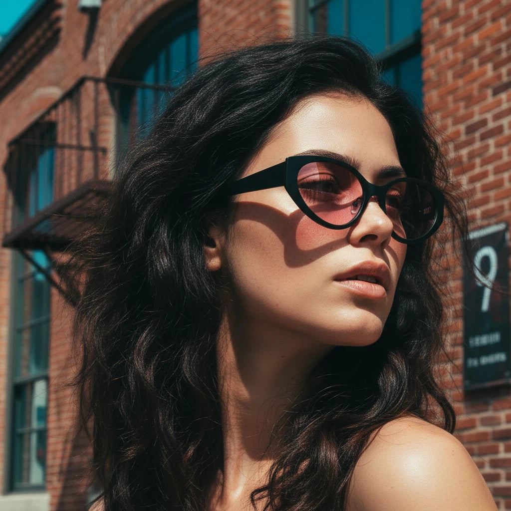 Woman wearing sunglasses with a brick building in the background