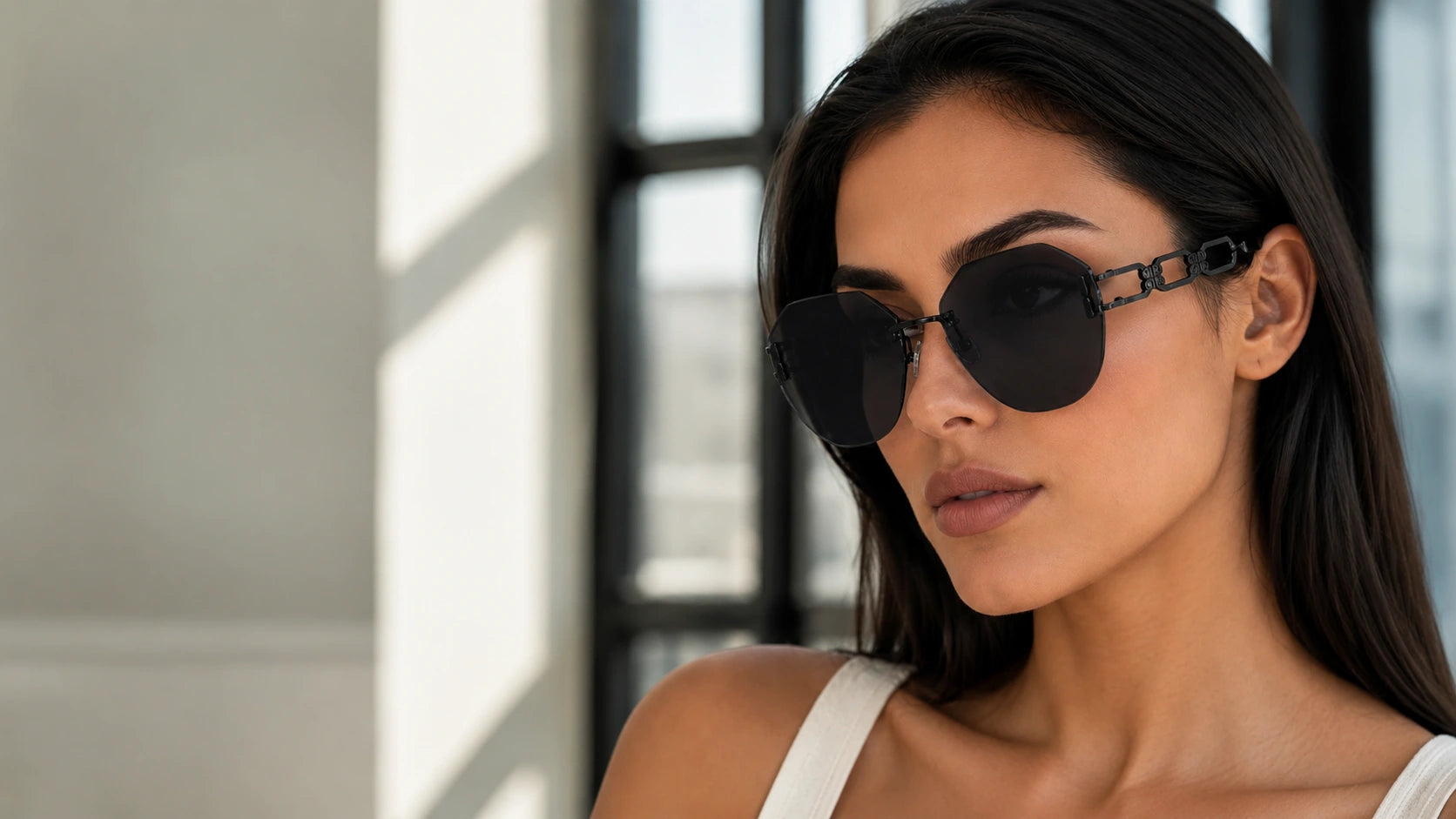 Woman wearing black rimless sunglasses with dark lenses and sculpted metal temple details in a clean indoor studio setting.