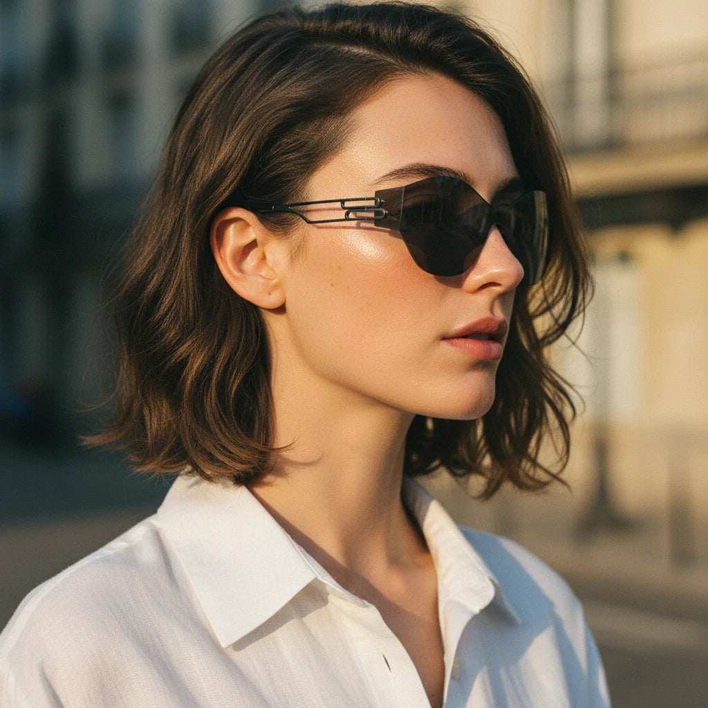 Woman wearing sunglasses and a white shirt with a blurred background