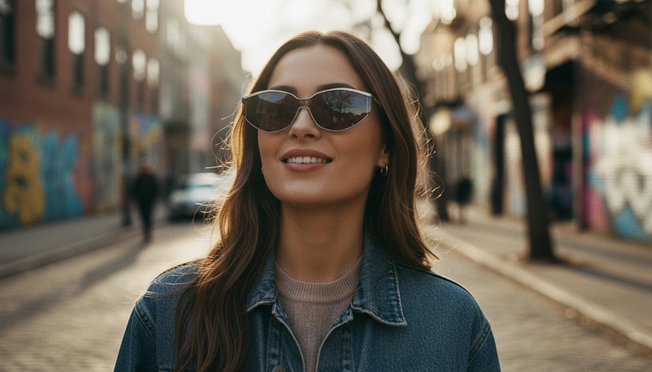 A woman wears cat-eye sunglasses in a graffiti-lined city alley, embodying the fusion of retro eyewear design and edgy urban fashion.