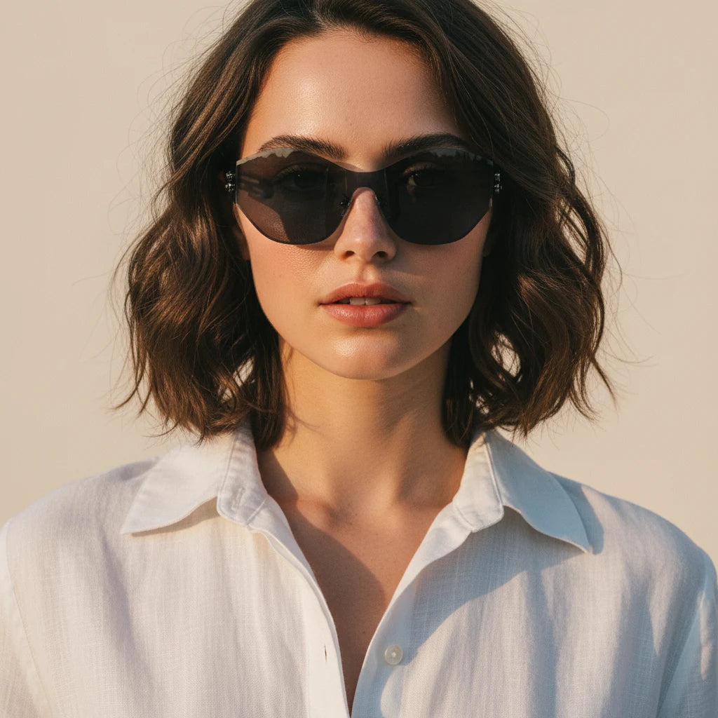 Woman wearing sunglasses and a white shirt against a beige background