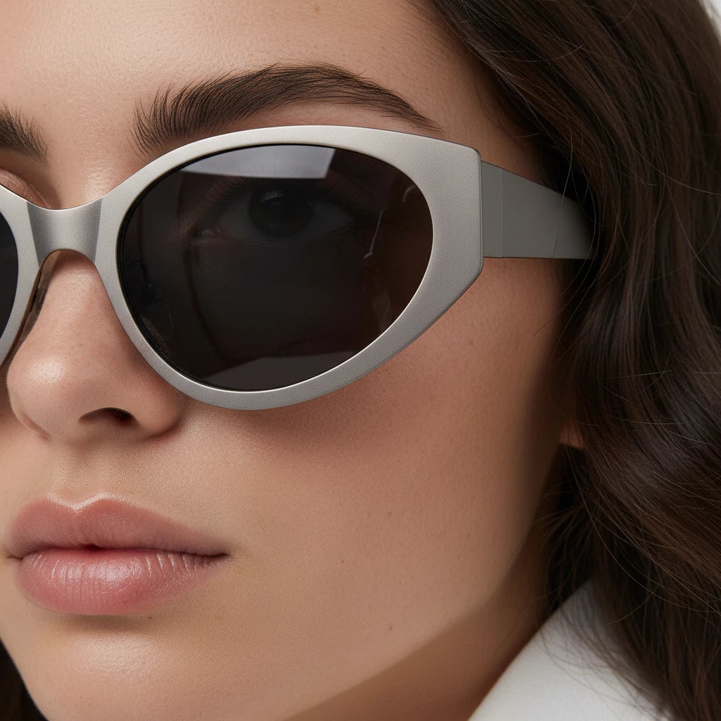 Close-up of a person wearing silver sunglasses with a neutral background