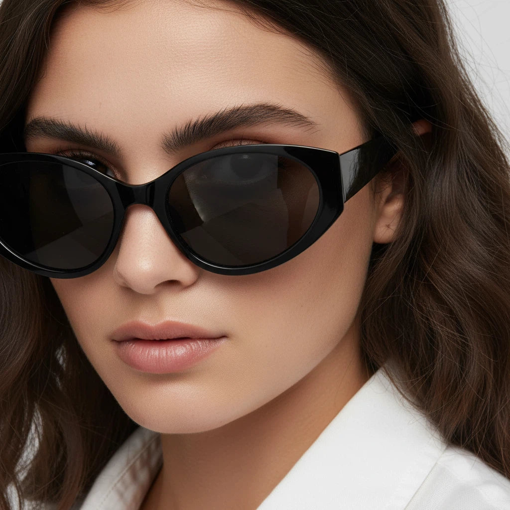 Close-up of a person wearing black sunglasses with a neutral background