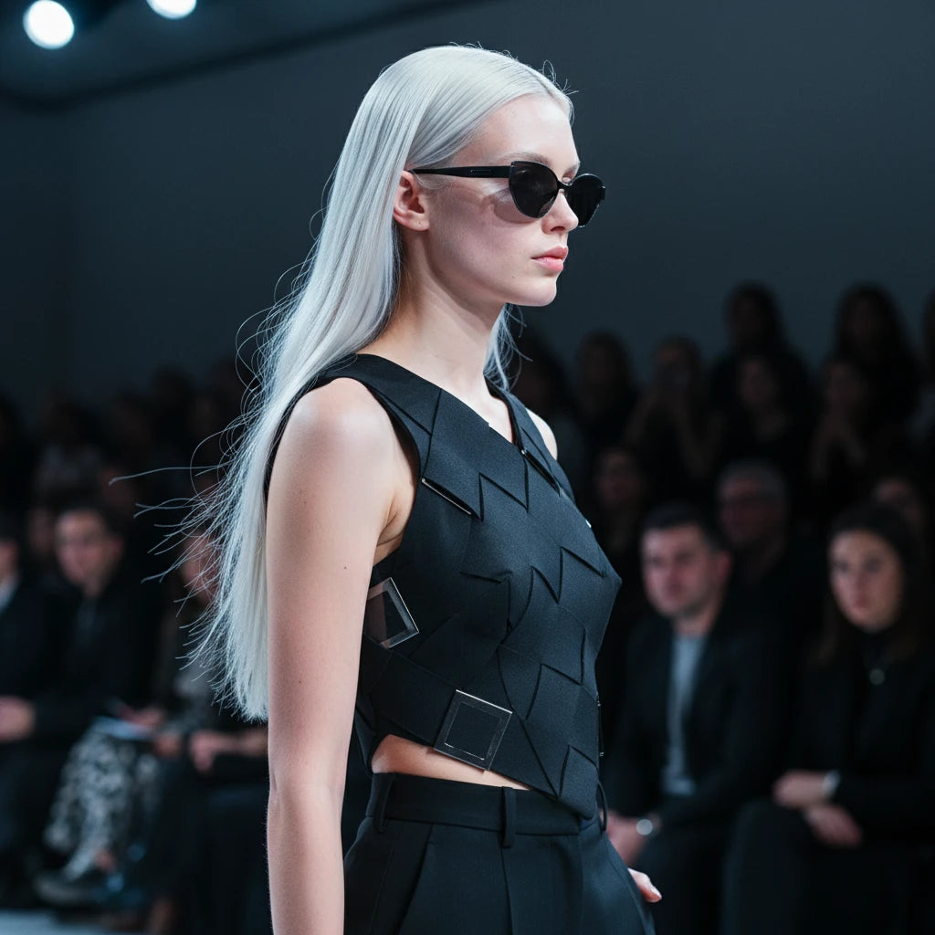 Model with platinum-blonde hair wearing matte black titanium cat-eye sunglasses on runway, side view
