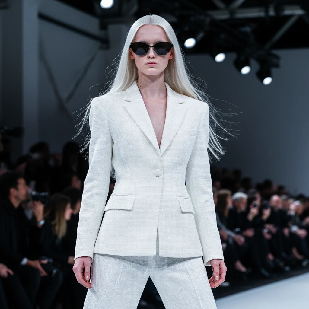 Fashion model in white tailored suit wearing matte black titanium cat-eye sunglasses on runway