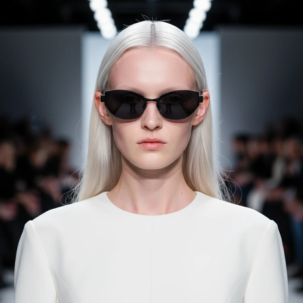 Close-up of model with platinum-blonde hair wearing sharp matte black titanium cat-eye sunglasses