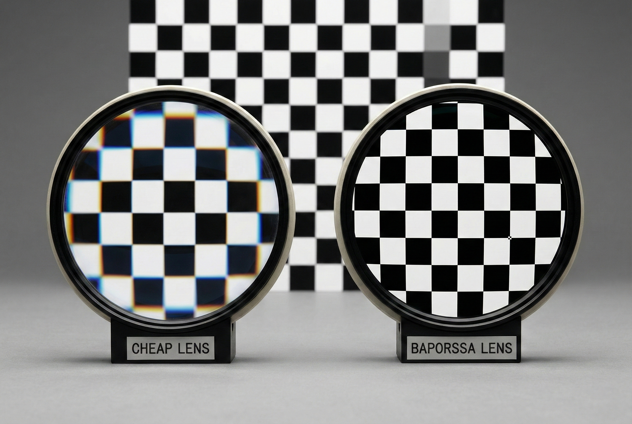 Two checkered lens covers with 'Cheap Lens' and 'Baporossa Lens' labels against a checkered background.