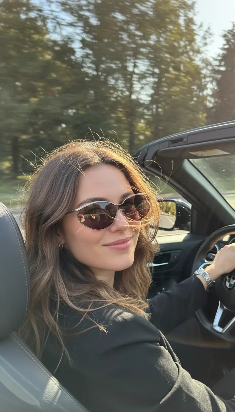 Cat-eye polarized sunglasses blocking sun glare while driving a convertible.