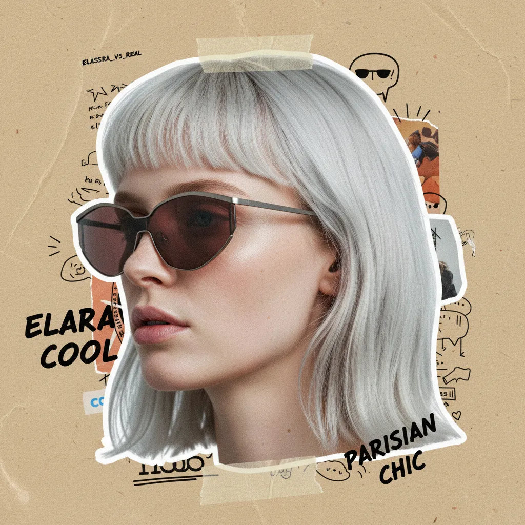 Elara in oversized metallic cat-eye sunglasses platinum bob Parisian street style collage