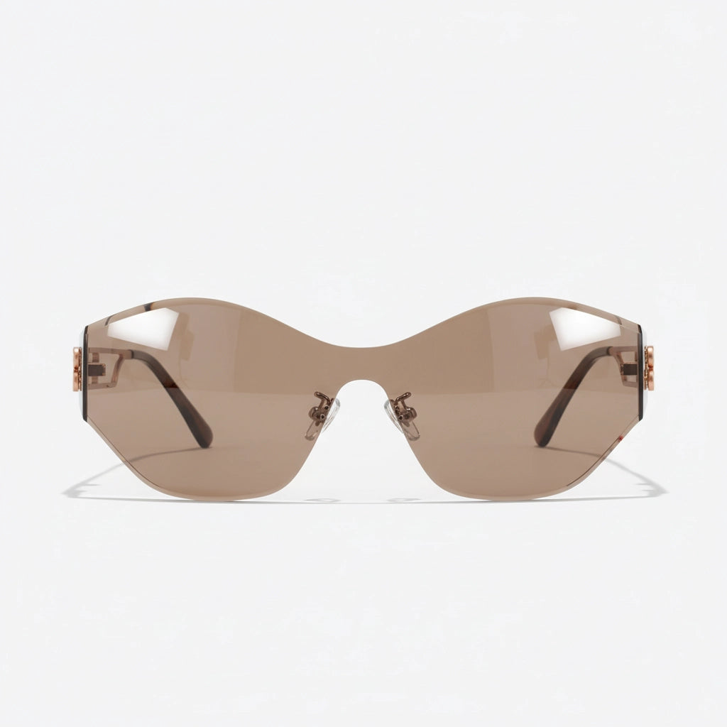 Iced coffee brown rimless cat-eye sunglasses clean studio lighting front view
