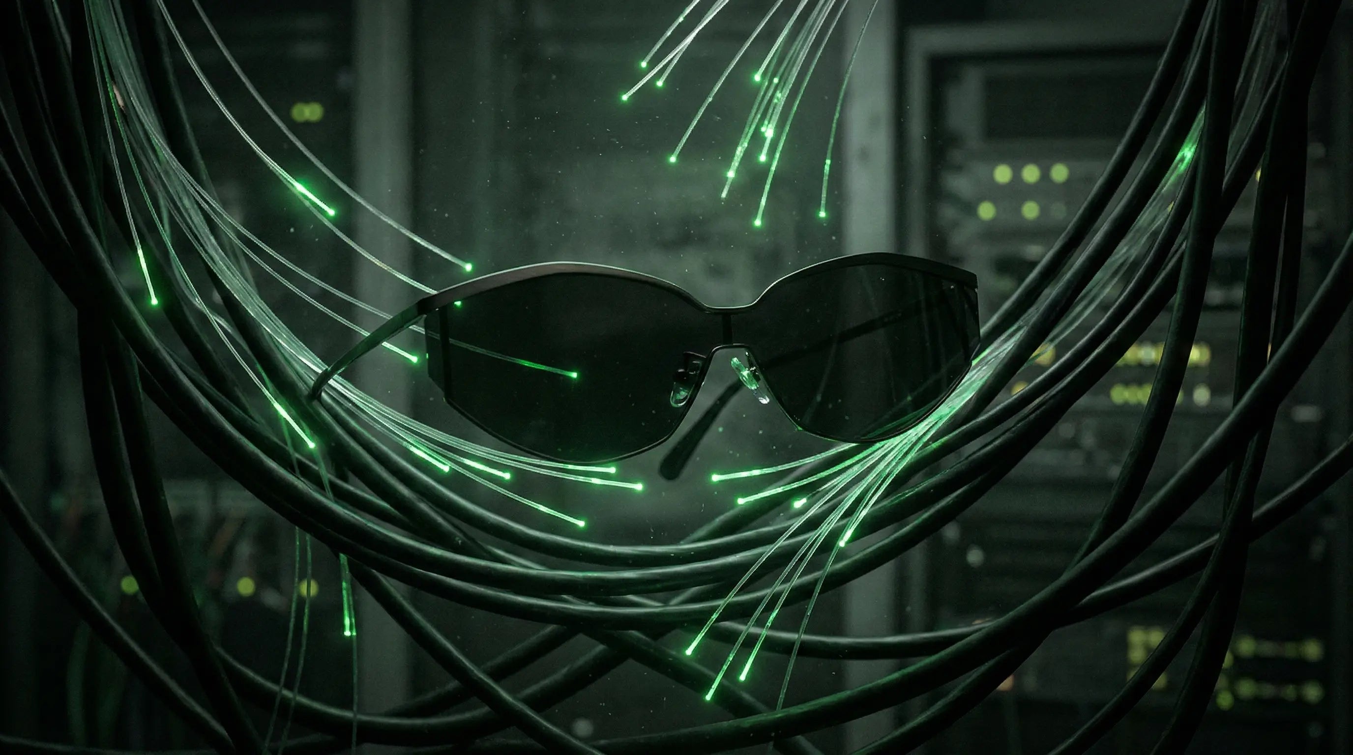 Black sunglasses nestled in glowing green fiber optic cables, with a server room in the blurred background, blending tech and style.