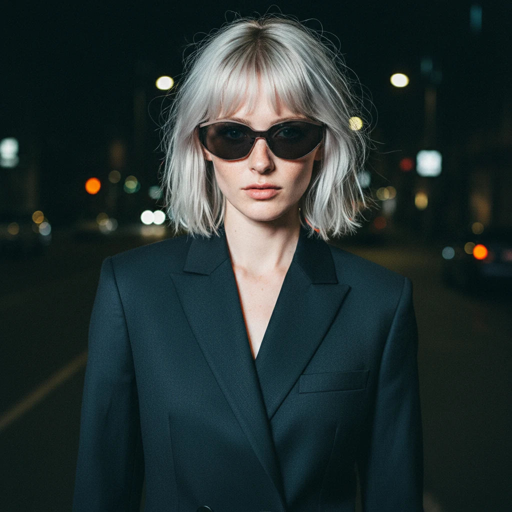 Platinum blonde girl in black blazer and cat-eye sunglasses standing on night street, cool high-fashion street photography