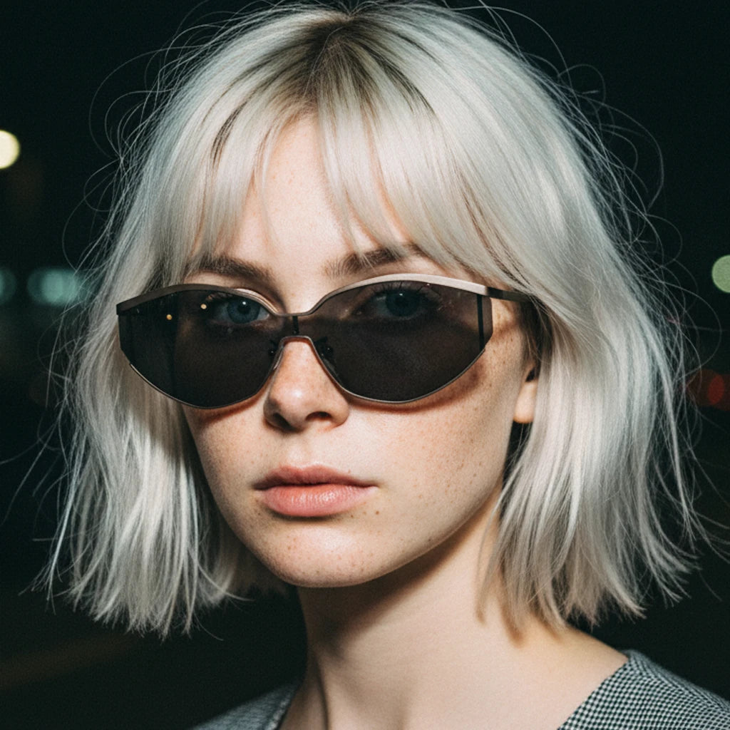Platinum blonde girl with bob haircut wearing cat-eye sunglasses, night city street portrait, cool-toned fashion photography