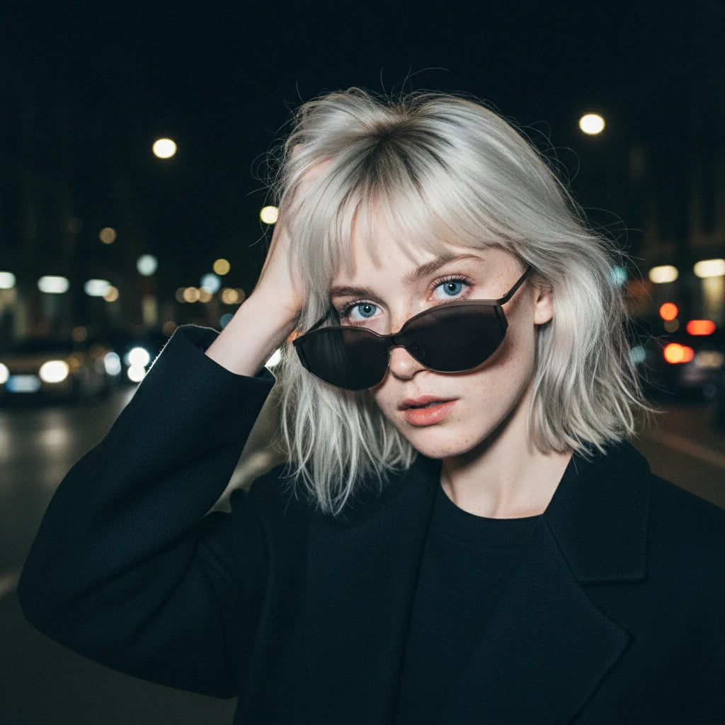 Freckled platinum blonde girl with short bob wearing futuristic cat-eye sunglasses, night neon portrait