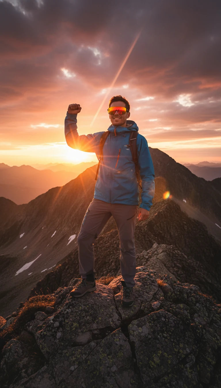 A male hiker in a blue outdoor jacket and reflective orange-red sunglasses raises his fist in triumph while standing on a rocky mountain summit, with a vibrant sunset, mountain ranges, and scattered snow patches in the background.
