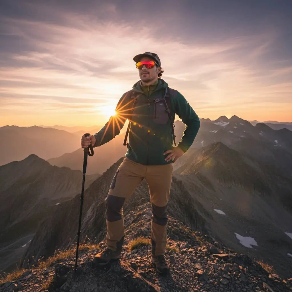 A hiker wearing sunglasses stands triumphantly on a mountain peak at sunset, with dramatic sun rays and layered mountain ranges in the background.