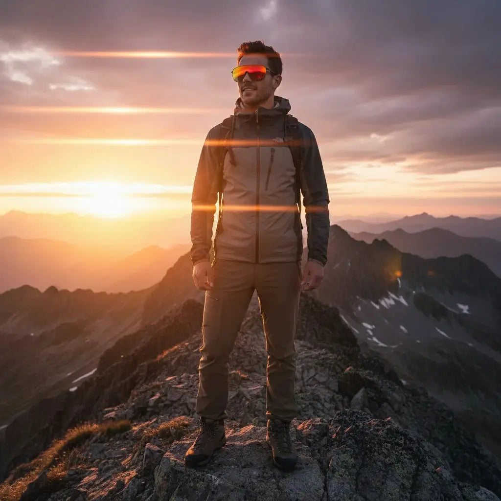 A hiker wearing sunglasses stands triumphantly on a mountain peak at sunset, with dramatic sun rays and layered mountain ranges in the background.