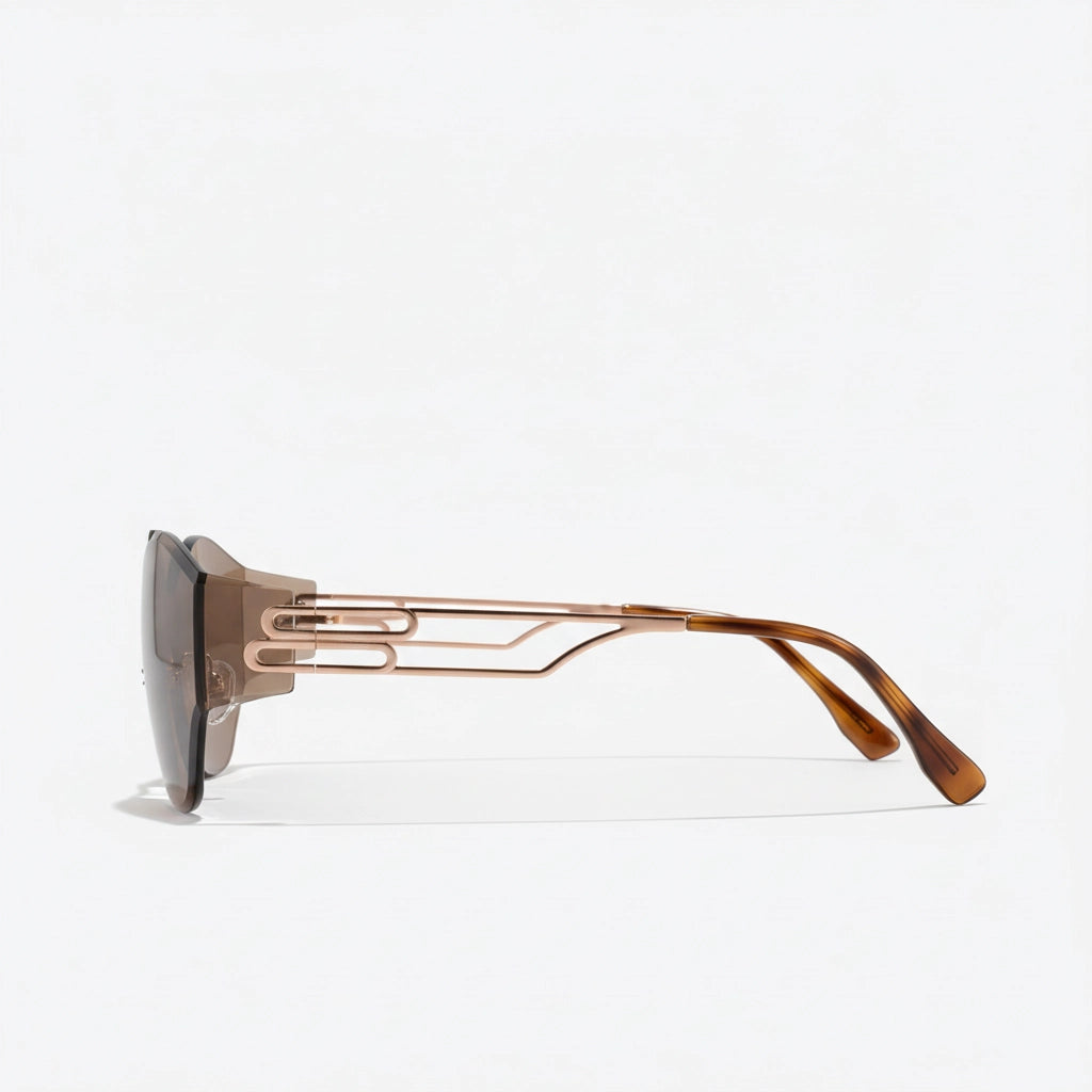 Iced coffee brown rimless cat-eye sunglasses side view floating product shot