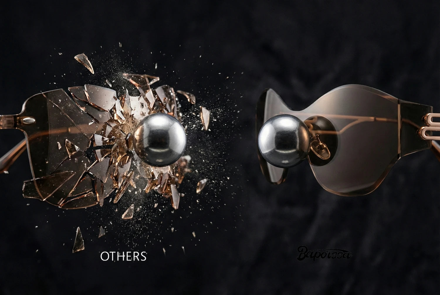 Two pairs of sunglasses, one intact and one shattered, on a dark background with 'Dior' branding.