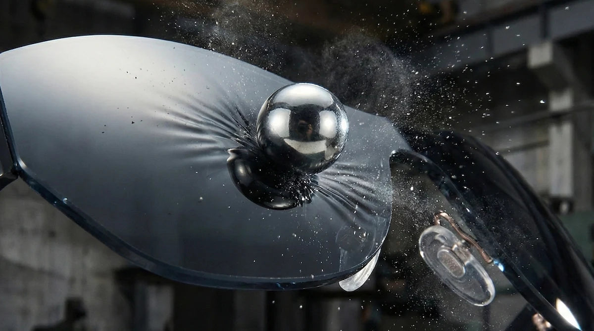 A metal ball striking a dark sunglass lens, demonstrating its shatter-resistant strength as it deforms but doesn't break.