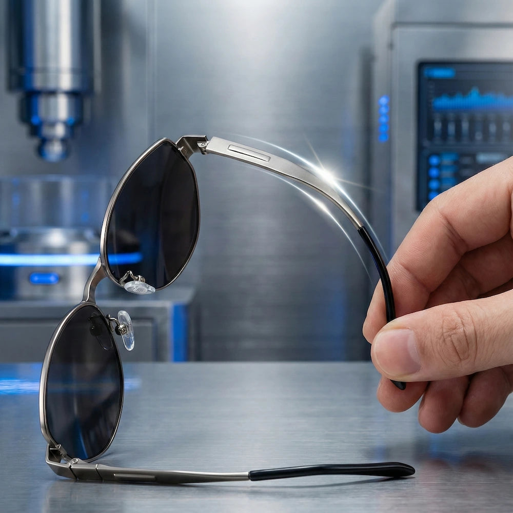 A hand holds metal-frame sunglasses in a tech-focused workshop, highlighting the brand’s use of precision engineering to create durable, lightweight eyewear.