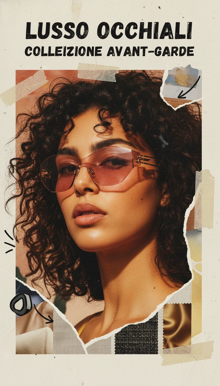 Avant-garde Italian luxury rose-purple rimless cat-eye sunglasses curly hair editorial