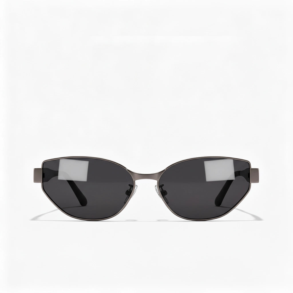 Front view of gunmetal gray titanium cat-eye sunglasses, featuring a stylish design with dark black lenses.