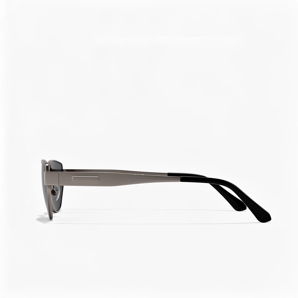 Side details of titanium cat-eye sunglasses, gunmetal gray temples and black lenses.