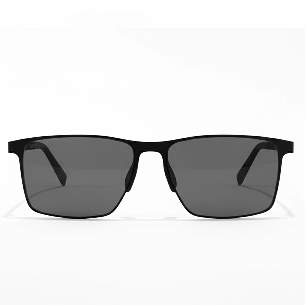 Black sunglasses with dark lenses on a white background