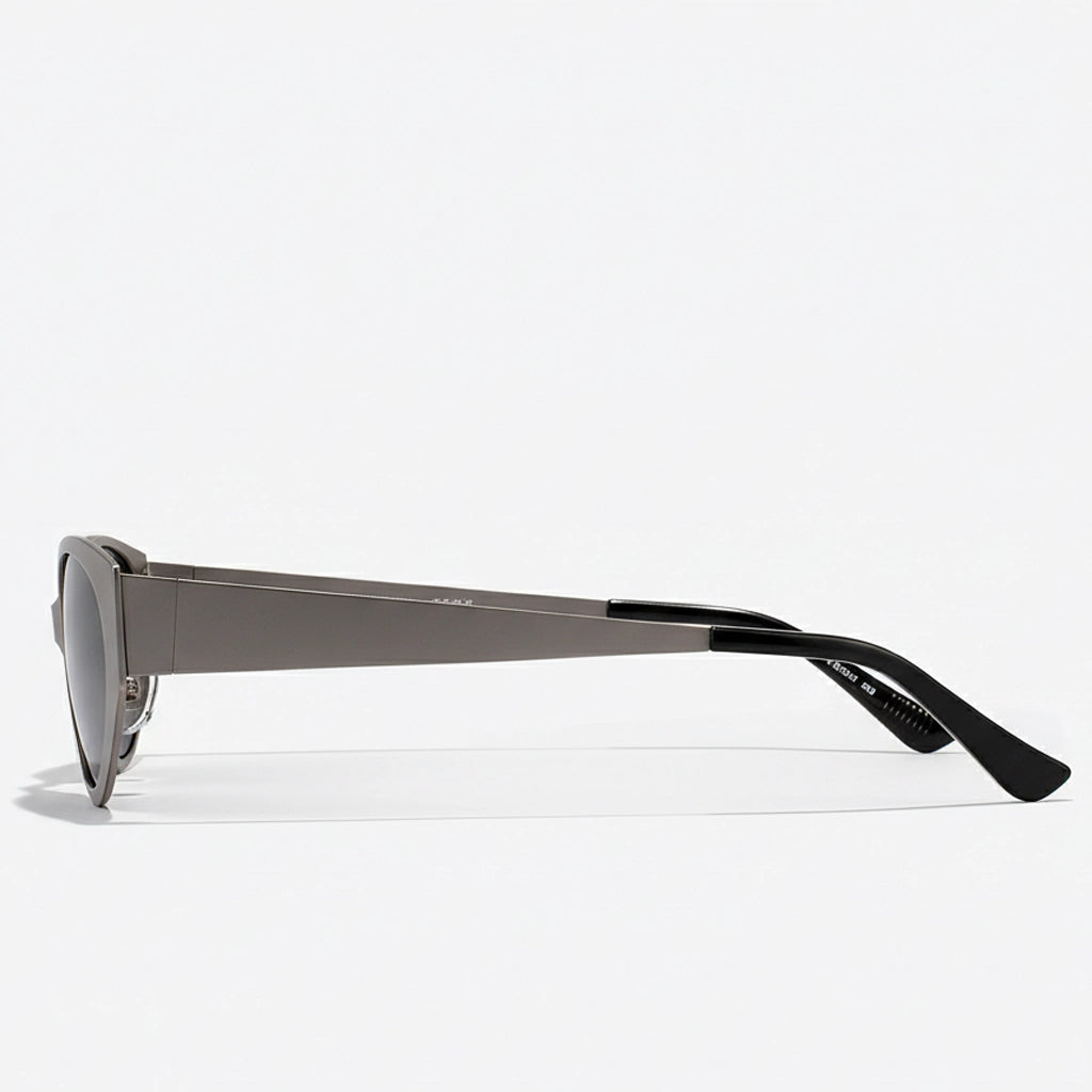 Sunglasses with a black frame and dark lenses on a white background