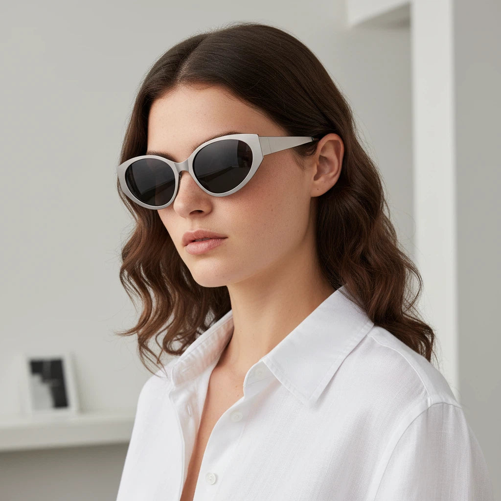 Woman wearing sunglasses and a white shirt in a minimalistic setting